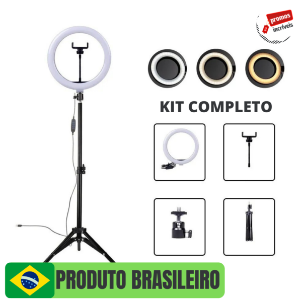 Ring Light Led Iluminador 26cm 10 Polegadas Completo 2,1m Tripé 210cm