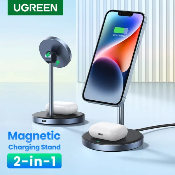 Suporte para carregador sem fio magnético UGREEN, suporte de carregamento 2 em 1 para iPhone 15, 16 Pro Max, iPhone 14, carregador rápido AirPods