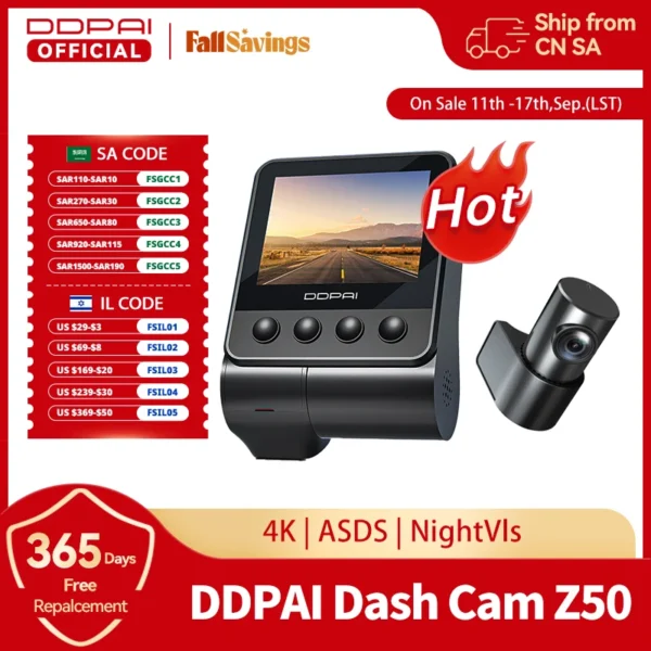 Ddpai traço cam z50 frente e traseira 4k cam câmera do carro com 4k embutido wifi gps adas câmera de painel duplo carro dvr suporte câmera traseira