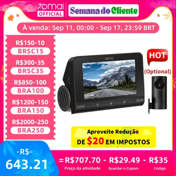 70mai-Ultra HD Dash Cam A810, GPS embutido, ADAS, gravação automática, detecção de movimento, 4G, suporte DVR para carro, câmera traseira, 150FOV, A810