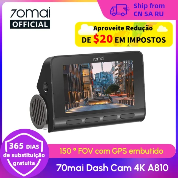 70mai Dash Cam A810 UHD 4K 150FOV GPS ADAS 24H Estacionamento Conectividade 4G Carro DVR 70mai 4G A810 HDR Rota de Canal Duplo Rastreamento