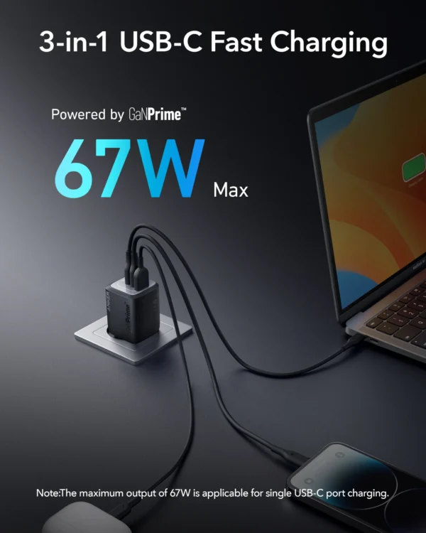 Anker-Prime USB C Charger, Anker GaN Wall Charger, Carregador PPS rápido compacto de 3 portas para MacBook Pro, Air, iPhone 15, iPad Pro, 67W - Image 3