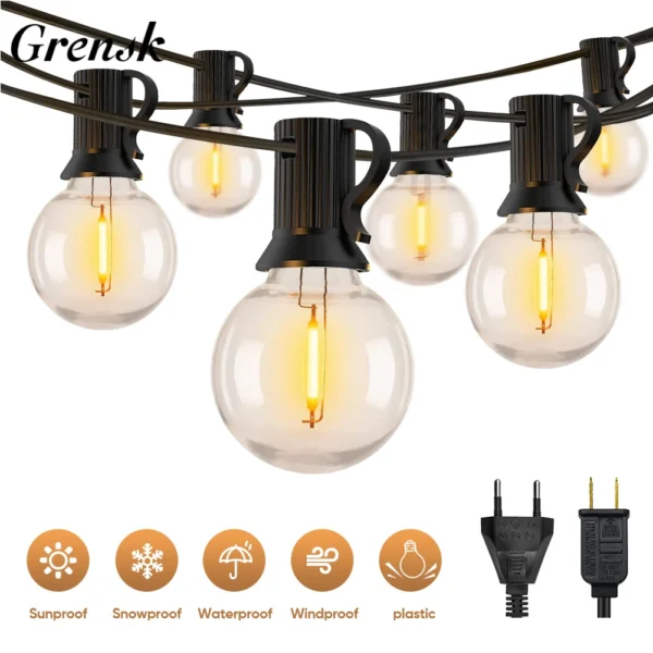 Impermeável Shatterproof plástico String luz, guirlanda ao ar livre, decoração do jardim, UE e EUA Plug, conectável, G40, E12, 1W lâmpadas