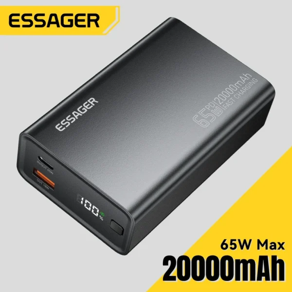 Essager-Banco Portátil de Carregamento Rápido, Bateria Externa, Powerbank para Telefone, Laptop, Tablet, Mac, PD, 65W, 20000mAh