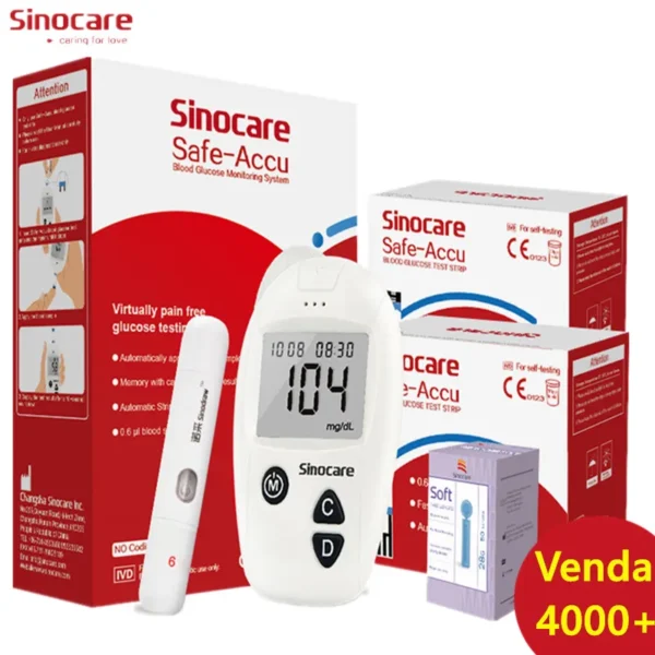 Sinocare-Safe-Accu Medidor de Glicose no Sangue, Kit Glucometer, Tester Diabetes, Monitor de Açúcar Médico, 50 ou 100 tiras