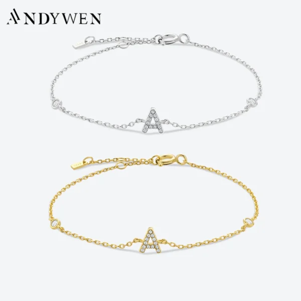 ANDYWEN-925 Pulseira de prata esterlina com letras iniciais, joia elegante, monograma do alfabeto, nome dourado, cristal cz, zircão, 26 alfabeto, 2021