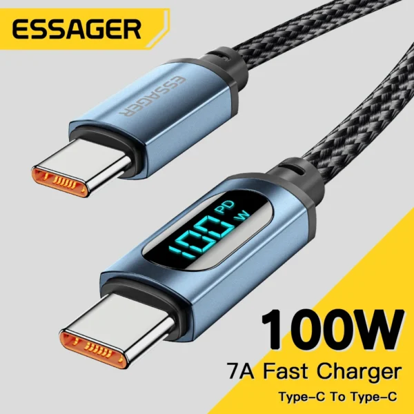 Essager Tipo C Cabo De Carregamento Rápido, Cabo De Fio Carregador, OPPO, Realme, Huawei, Poco, Samsung, Cabo De Exibição, PD 100W, USB C, 7A