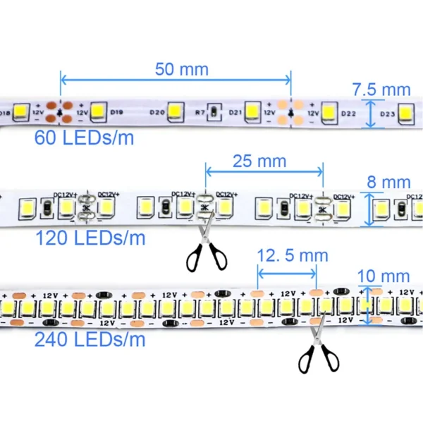 Flexível e cortável tira de luz LED, barra macia da lâmpada, casa, impermeável, IP65, DC 12V, 24V, 2835, 5m, 300, 600, 1200 - Image 7