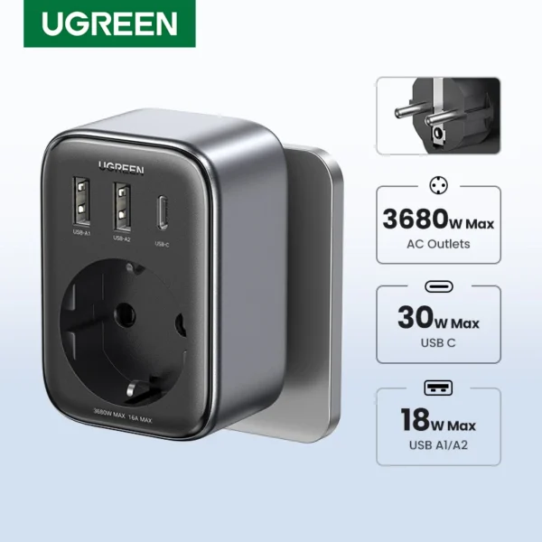 Ugreen 30w gan pd carregador com tomadas ca carregador do telefone móvel para o iphone 14 xiaomi usb tomada de parede power strip carregador