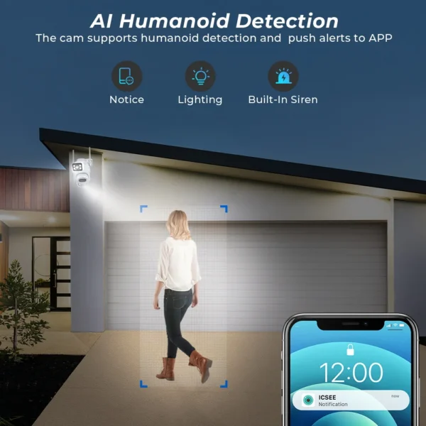Câmera de vigilância ao ar livre sem fio, lente dupla com tela dupla, detecção humana AI, rastreamento automático, PTZ, Wi-Fi, aplicativo iCSee, 8MP, 4K - Image 5