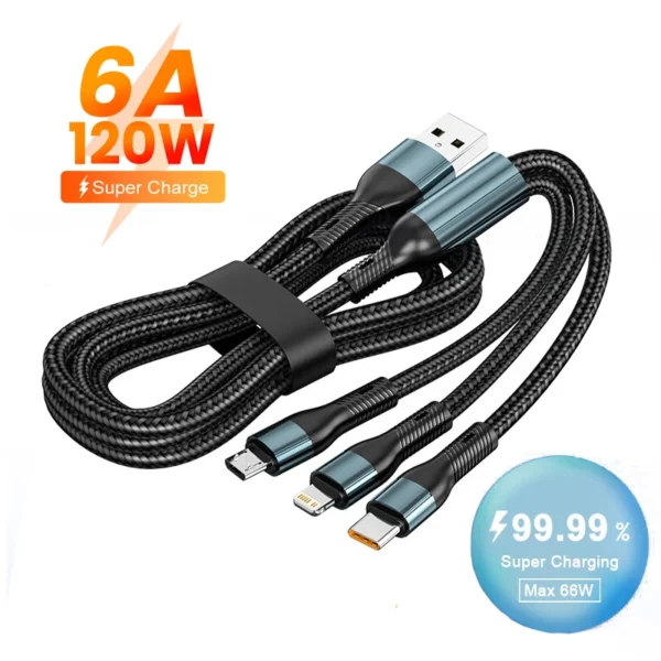 Tipo C Cabo de carregamento super rápido, Micro USB Tipo-C Carregador de telefone, Cabo de dados USBC, iPhone 14, 13, 12, 11, X Pro Max, 120W, 6A, 3 em 1