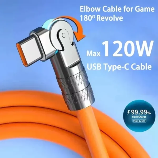 Carregamento Rápido USB Tipo C Cabo, Carregador, Rotação de 180 Graus, Cotovelo, Jogo, Xiaomi, Redmi, Honra, Telefone, 7A, 120W