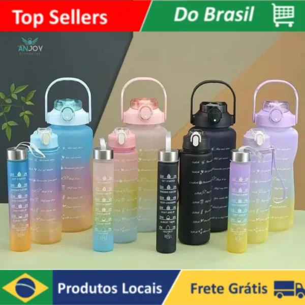 Kit 3 Garrafas de Água Motivacionais Fitness Tie Dye Degrade Preto Branco Sortida Beber Academia 2 Litros 900ml 300ml