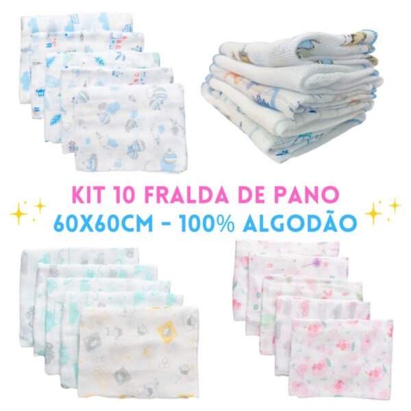 Fraldas de pano kit com 10 unidades 60x60cm 100% algodão Minasrey Bebê Babete Toalinha Babita Paninho Estampado