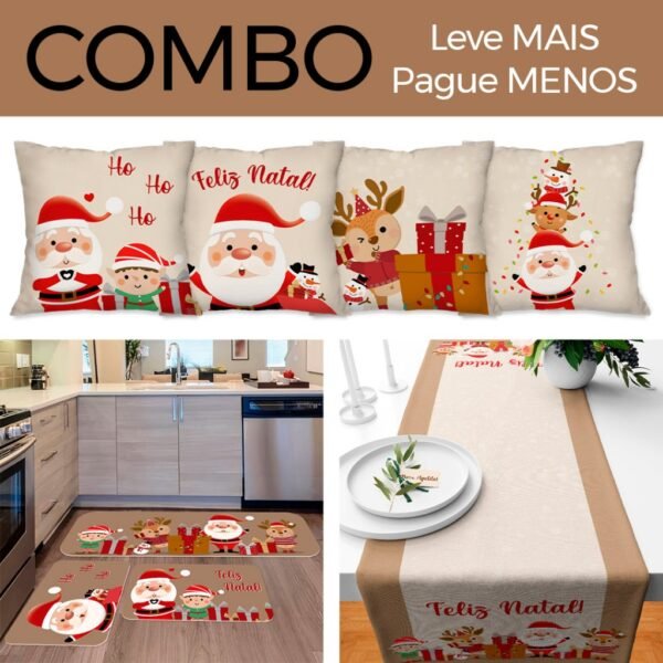 COMBO IMPERDÍVEL FELIZ NATAL: KIT 04 CAPAS DE ALMOFADAS PAPAI NOEL + KIT 3 TAPTES DE COZINHA FELIZ NATAL + TRILHO DE MESA NATALINO