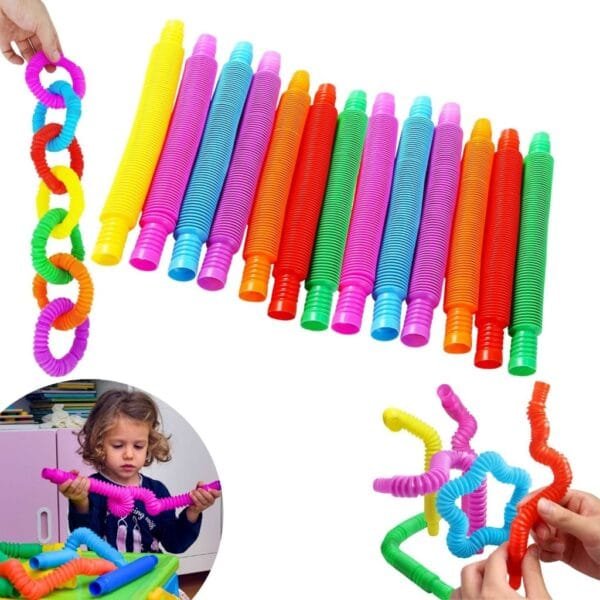 Kit 12 Poptube Fidget Toys Pop It Tubo Colorido Estica e Volta Sensorial Descompressão Anti Stress