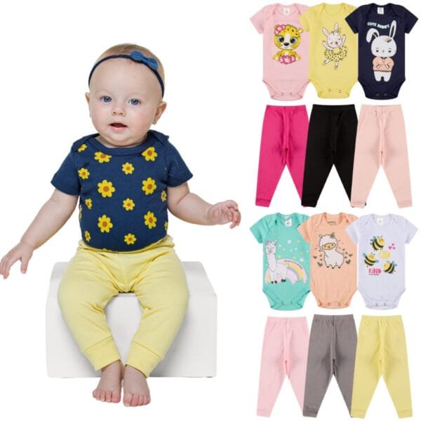 Kit 10 Peças de Roupas para Bebê Menina (5 Body Curto + 5 Calça Mijão)Kit 5 Body Roupa Infantil Bebê