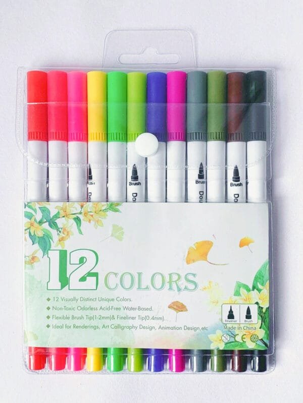 Kit com 12 canetas ponta dupla pincel estilo brushpen e ponta fina/lembrancinhas de aniversário/material escolar/fine line