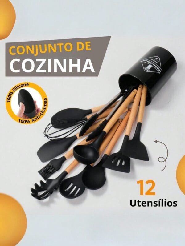 Conjunto Kit 12 Peças Utensílio De Silicone Para Cozinha Multifuncional Anti-Chamas Organização