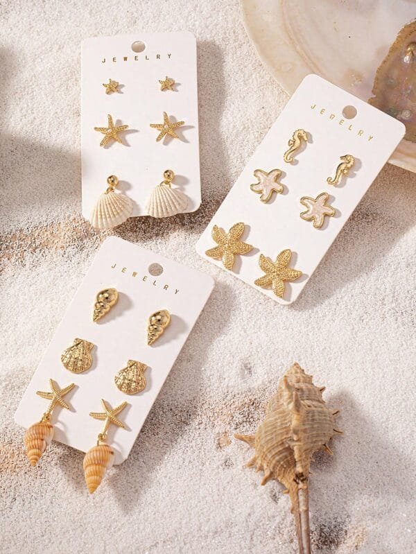 Conjunto De 3 Pares De Brincos De Estrela Do Mar De Concha De Concha De Praia, Design De Verão Elegante Para Mulheres