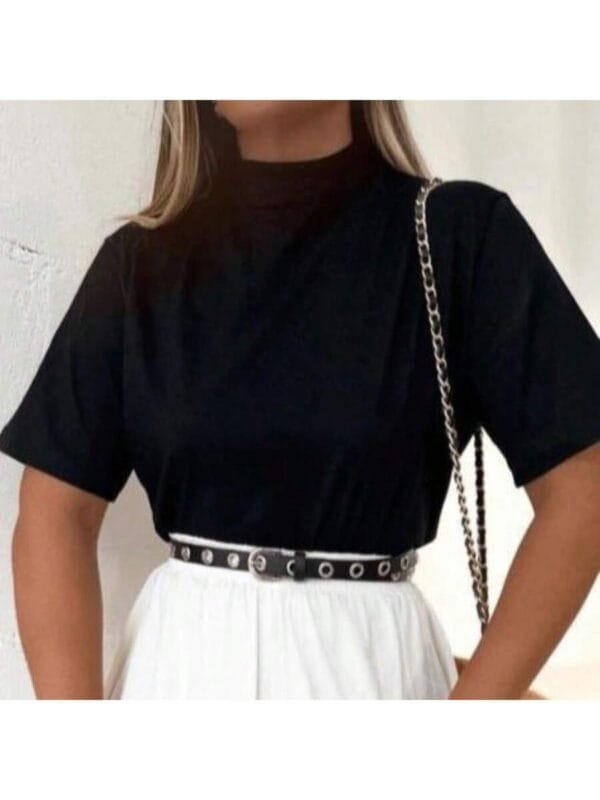 BLUSA T-SHIRT FEMININA GOLA ALTA MANGA CURTA