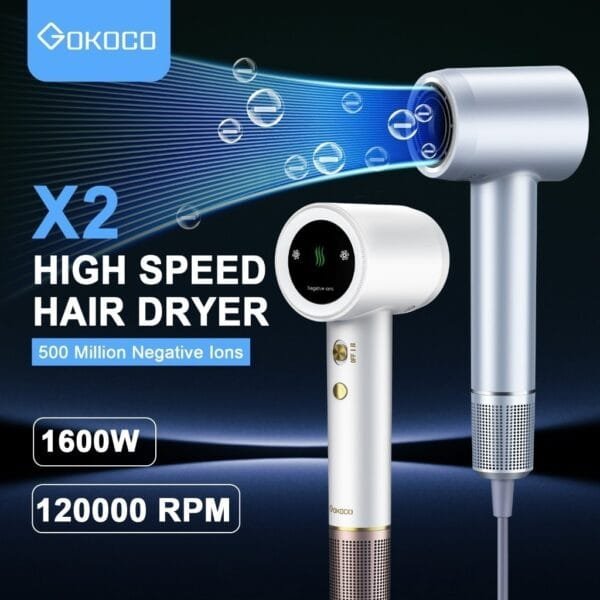 GOKOCO X2 High Speed Hair Dryer 120000RPM Negative Ion NFC Intelligent Temperature Control Bass Hair Dryer 1600 Watts 2 Minutes Quick Drying Lightweight Hair Dryer