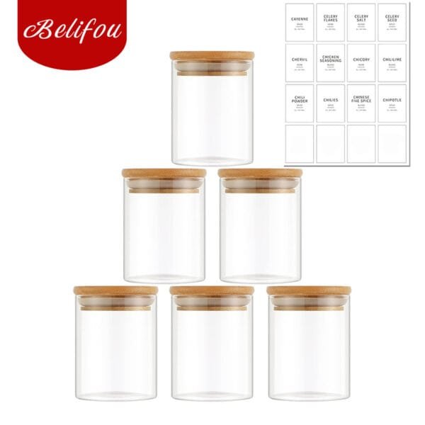 Belifou Kit 6 Potes Para Alimentos Com Tampa Bambu 200ML - Gaia