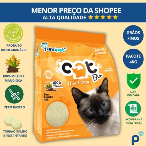 Areia Higiênica Biodegradável Catbio 4 Kg - Max Clean - Grãos Finos