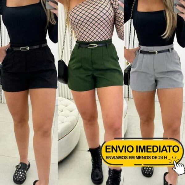 Short Feminino Alfaiataria Social com Cinto cintura alta com bolso tendência