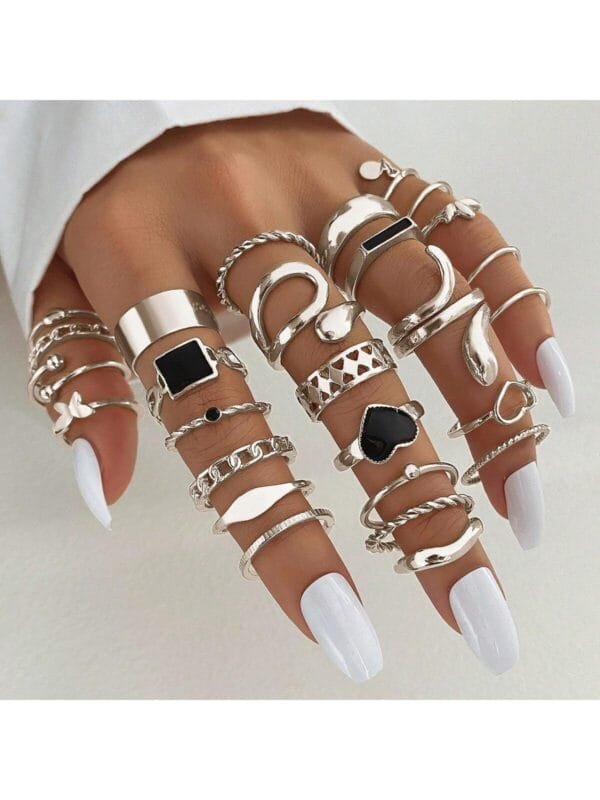 Anel Quadrado De 27 Peças Do Coração Epoxy Preto Conjunto De 27 Peças Do Coração Ladies Multi-Piece Set