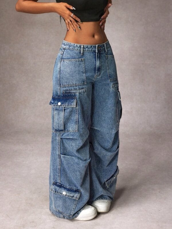 SHEIN ICON Jeans Cargo de Perna Larga Casual e Lavado para Mulheres