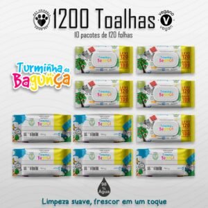 10 Pacotes - Toalhas Umedecidas 120 folhas 20x13 cm - Turma da Bagunça 98% Água - Vegana C/ Tampinha