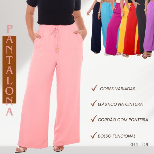 Calça Feminina Pantalona Duna Com Bolso  Wide Leg  Cós Largo e Cintura Alta