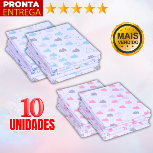 Kit 10 Unidades Fralda De Pano Estampada 60 x 60 Enxoval Infantil Bebê Menino Menina