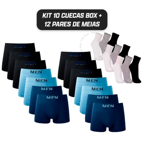 Kit 10 Cuecas Boxer Microfibra Adulto + 12 Pares Meias Algodão