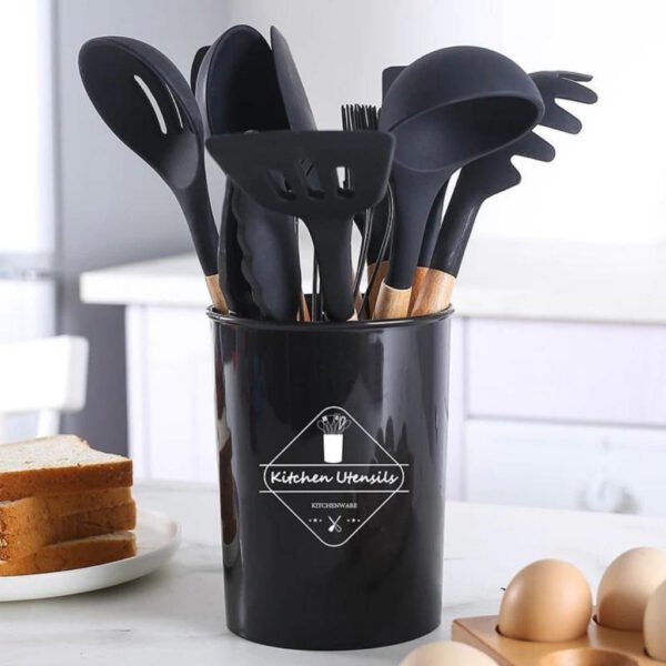 Jogo Kit 12 Peças Utensílios De Cozinha De Silicone Cabo Madeira Decoração Livre