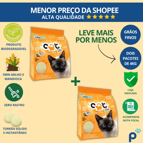 Areia Higiênica Biodegradável Catbio 8Kg (2 pacotes de 4 kg) - Max Clean - Grãos Finos