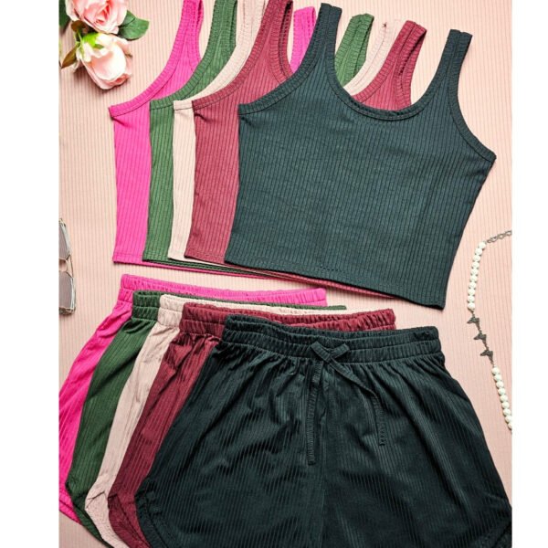 Conjuntos Cropped Top Simples básico Regata+Short Curto Malha Canelada Várias Cores