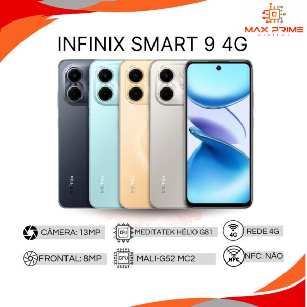 Infinix Smart 9, 128GB 4GB RAM, Câmera 13MP, Processador Mediatek Hélio G81, Bateria 5000MAH, Versão global, Novo