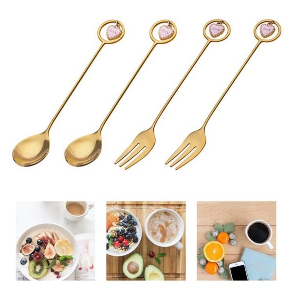 Talheres Dourado 2Peças Colher de Café e 2Peças Garfo de Sobremesa Aço Inoxidável Ferramentas de Café de Cozinha D216-AB