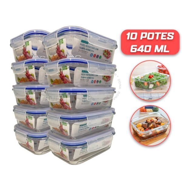 Kit 10 Potes de Vidro 640ml Hermético Marmita Fit com Tampa 4 Travas