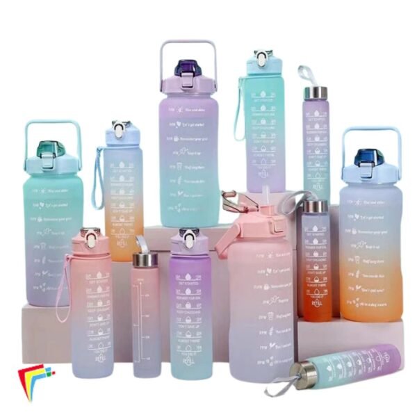 kit Garrafa de Água Squeeze Motivacional Com Adesivos 1800ML+ 900ML + 300ML