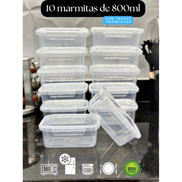 Kit 10 Marmita Potes 800ml com Travas Laterais BPA FREE Alimentos organizadores de congelador