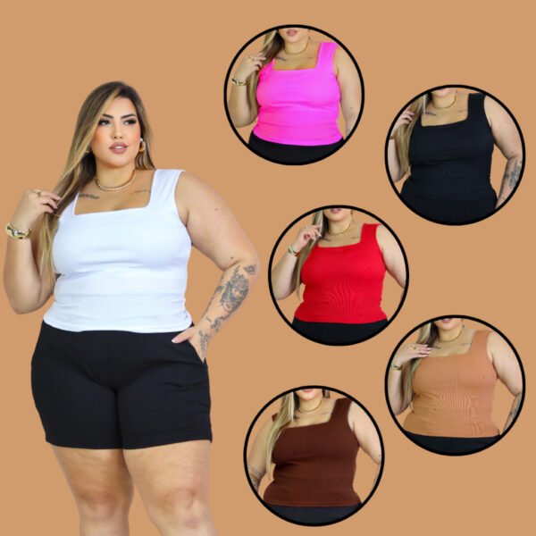 KIT 2 Blusa Regata Plus Size Social Chique com Gola Quadrada Verão Moda Feminina Plus