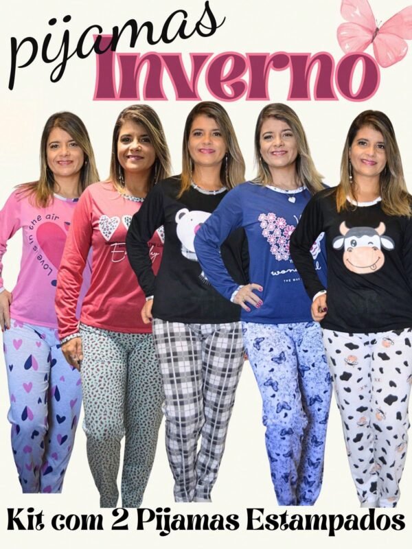 Kit com 2 Pijamas Feminino Inverno Longo Estampado premium Direto da Fabrica Luxo