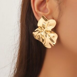 1 Par de Brincos Grandes Geométricos Assimétricos de Metal com Vincos, Brincos Exagerados Vintage para Mulheres