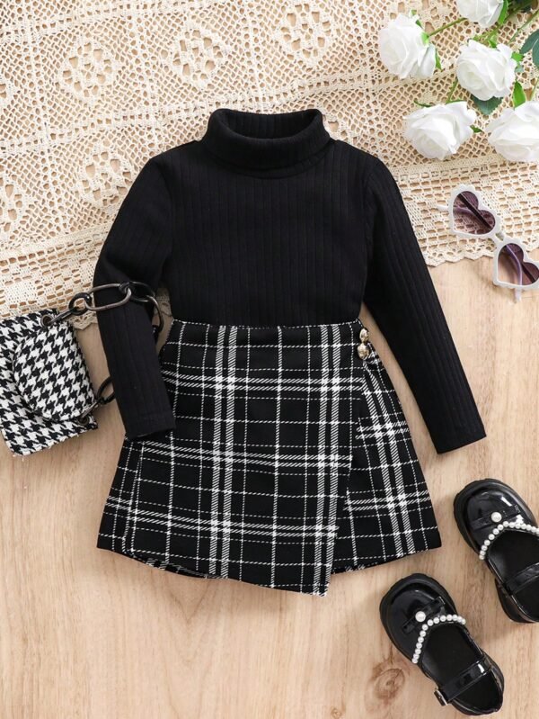 SHEIN 2 Peças Conjunto de Camisa de Manga Longa Preta de Malha e Shorts de Cintura Elástica Xadrez para Bebê Menina, Outono/Inverno