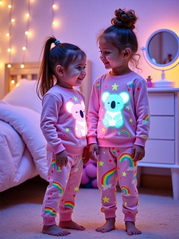 SHEIN 2 Peças Conjunto de Macacão e Calça de Manga Longa com Estampa de Arco-Íris, Estrelas e Urso Fofo para Bebê Menina, Rosa