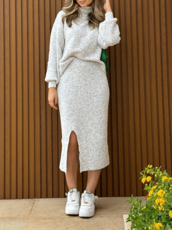 CONJUNTO TRICOT MALHA MOUSSE SAIA E BLUSA SAMOA