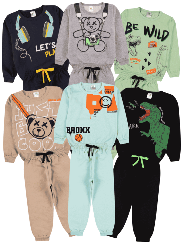 Kit 6 Peças de Moletom Juvenil Infantil Menino - 3 Casacos + 3 Calças